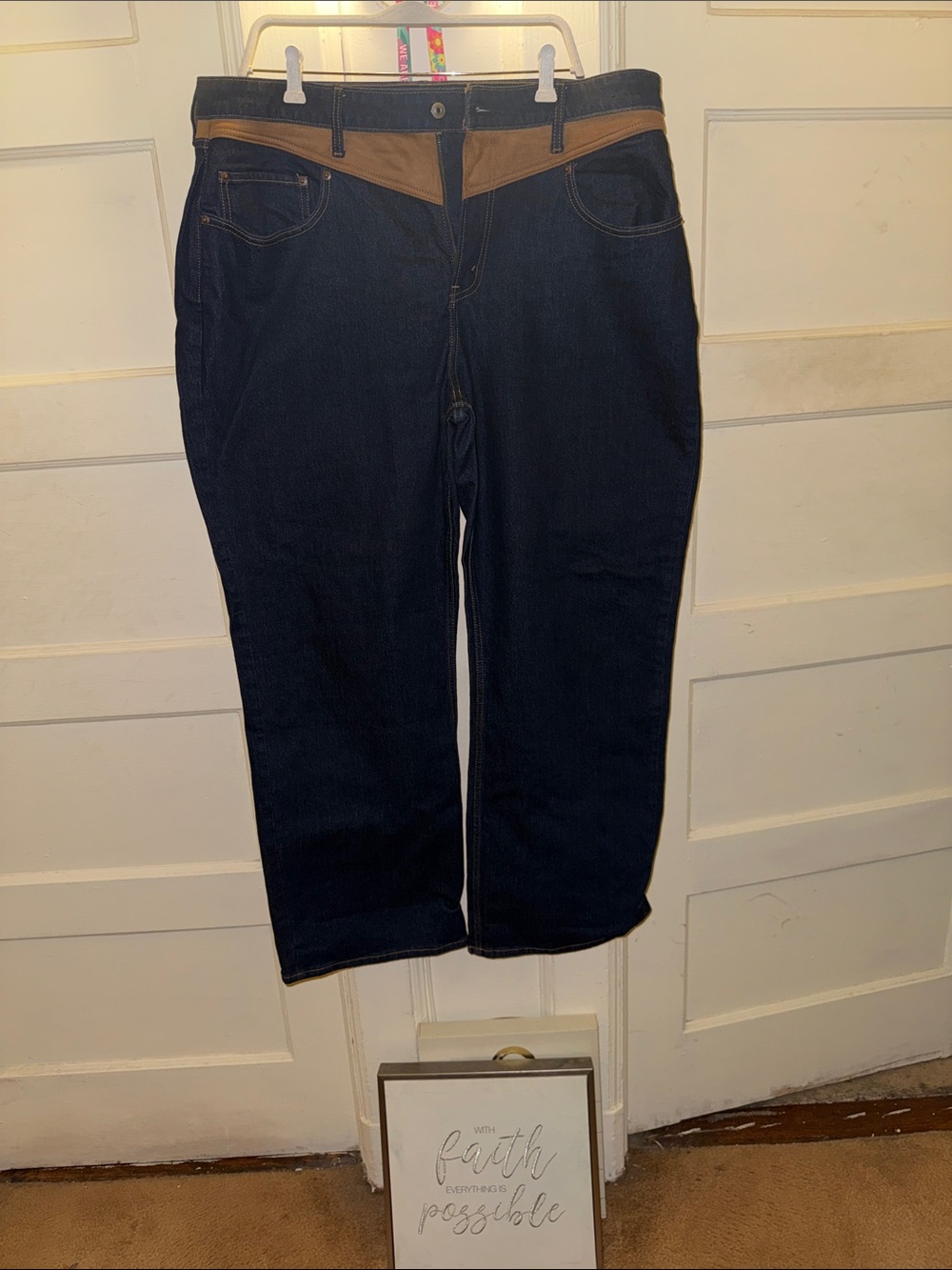 Abercrombie & Fitch Dark Blue Jeans with Tan Waist Trim